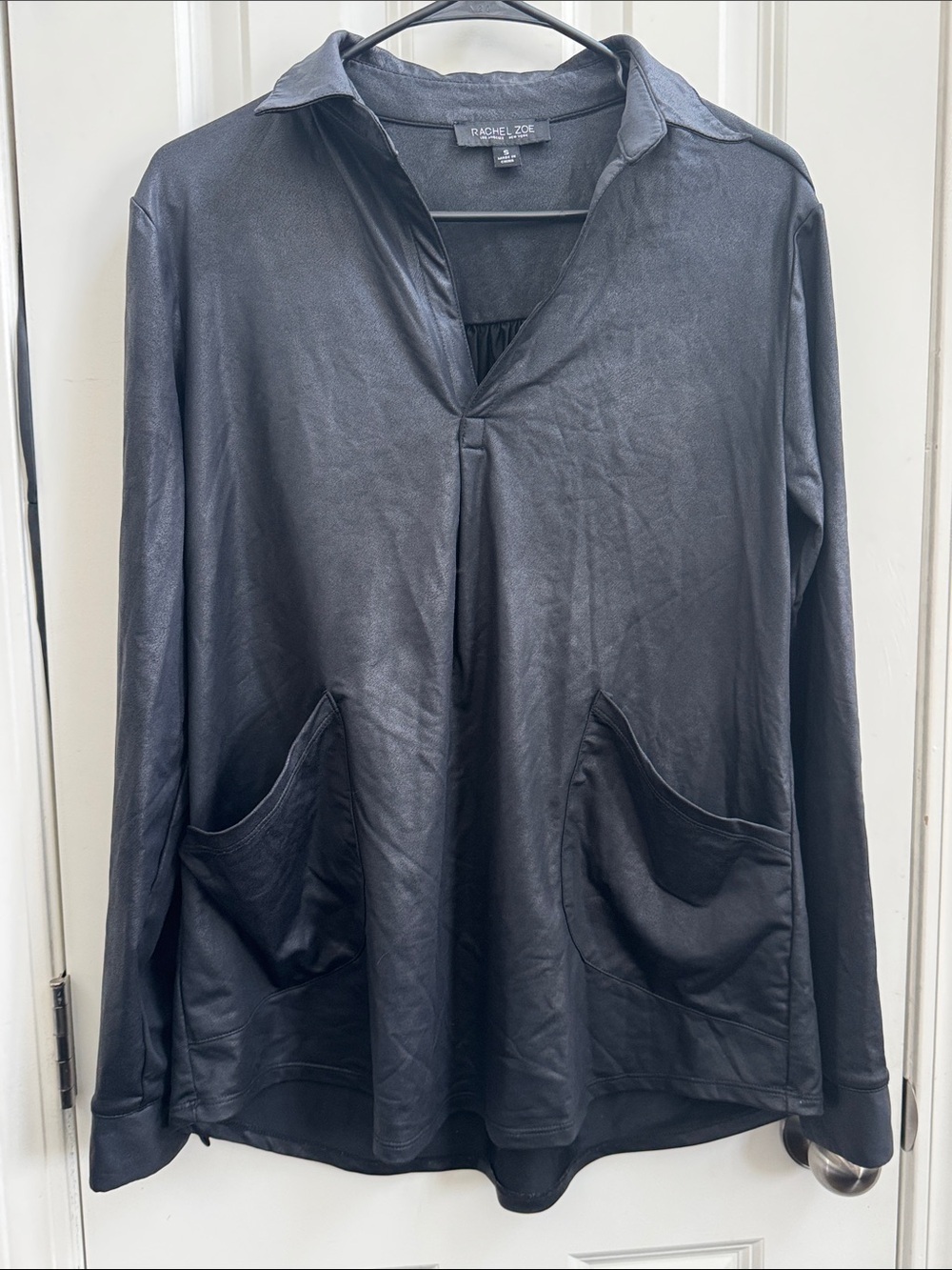 Rachel Zoe Shinny Metallic Black Long-Sleeve Pullover Blouse